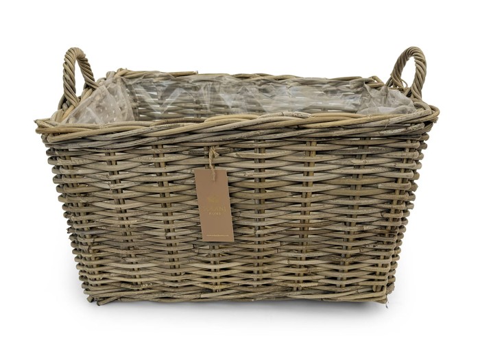Kosz rattanowy Sira Solani Home – prostokątny kosz z uchwytami, pełny rattan Kobo Grey