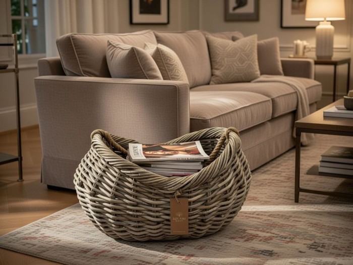Kosz rattanowy Bloom w aranżacji salonu przy kanapie – naturalny rattan Solani Home