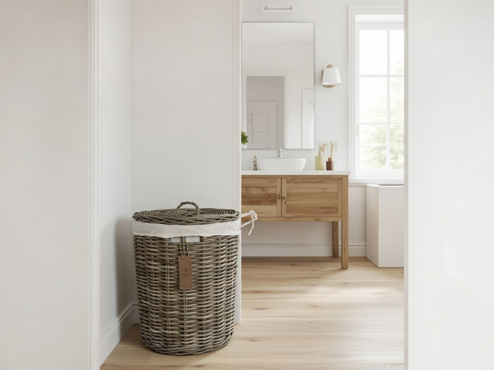 Kosz rattanowy Vela na bieliznę z pokrywą i materiałowym wkładem – naturalny rattan Solani Home